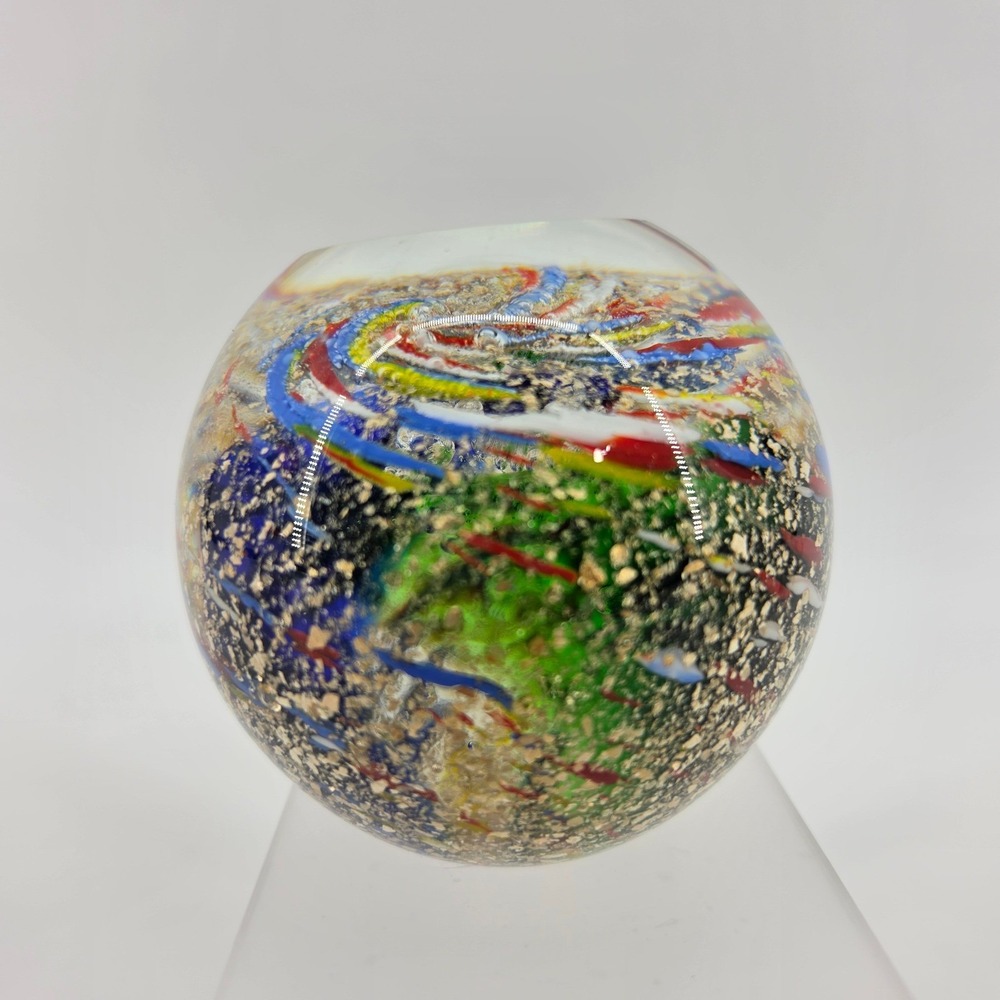 Hand Blown Art Glass Paperweight Multicolor Swirl Gold Aventurine Flecks 3.25"